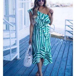 EUC Green and White Stripe High Low Ruffle Dress